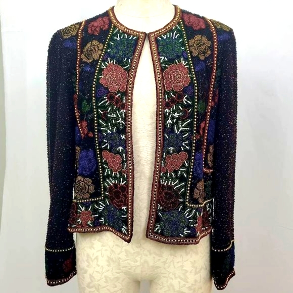 Vintage Jackets & Blazers - 80s Vintage Sequin Jacket Beaded Floral Black and Red Multicolor Size